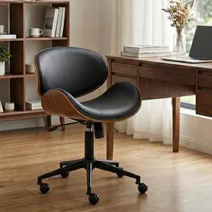 Home Office Chair with Rocking Function, Solid Wood Comfy Curved Desk Chair with Wheels, Height Adjustable Swivel Task Chairs, PU Black, Modern Walnut Style Home Office Chair with Rocking Function, Solid Wood Comfy Curved Desk Chair with Wheels, Height Adjustable Swivel Task Chairs, PU Black, Modern Walnut Style