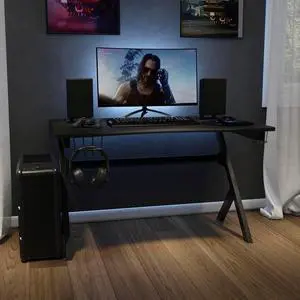 Black Computer Table Gaming Desk - Headphone Holder and 2 Cable Management Holes Black Computer Table Gaming Desk - Headphone Holder and 2 Cable Management Holes