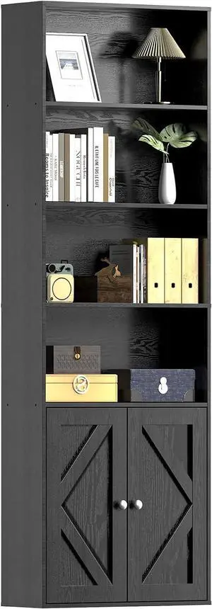 Tall Wooden Bookshelf with Cabinet and Doors,Vintage Black Bookcase for Bedroom, Living Room, or Home Office Storage, 6 Shelves for Heavy Books & Organization Tall Wooden Bookshelf with Cabinet and Doors,Vintage Black Bookcase for Bedroom, Living Room, or Home Office Storage, 6 Shelves for Heavy Books & Organization