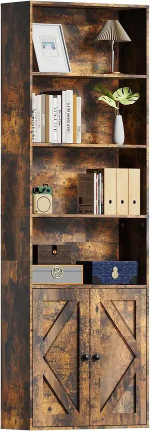 Tall Wooden Bookshelf with Cabinet and Doors,Vintage Brown Bookcase for Bedroom, Living Room, or Home Office Storage,6 Shelves for Heavy Books & Organization Tall Wooden Bookshelf with Cabinet and Doors,Vintage Brown Bookcase for Bedroom, Living Room, or Home Office Storage,6 Shelves for Heavy Books & Organization
