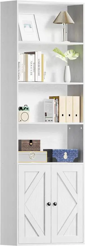 Tall Wooden Bookshelf with Cabinet and Doors,White Bookcase for Bedroom, Living Room, or Home Office Storage, 6 Shelves for Heavy Books & Organization Tall Wooden Bookshelf with Cabinet and Doors,White Bookcase for Bedroom, Living Room, or Home Office Storage, 6 Shelves for Heavy Books & Organization