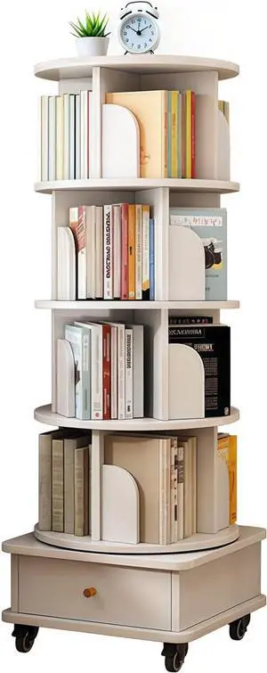 5 Tier Rotating Bookshelf Tower, 360° Revolving Bookcase with Wheels and Drawer, Round Spinning Book Shelf Kids, Small Corner Bookshelf for Living Room, Home, Office, White 5 Tier Rotating Bookshelf Tower, 360° Revolving Bookcase with Wheels and Drawer, Round Spinning Book Shelf Kids, Small Corner Bookshelf for Living Room, Home, Office, White