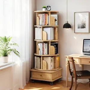 5 Tier Rotating Bookshelf Tower, 360° Revolving Bookcase with Wheels and Drawer, Round Spinning Book Shelf Kids, Small Corner Bookshelf for Living Room, Home, Office, Wood Color 5 Tier Rotating Bookshelf Tower, 360° Revolving Bookcase with Wheels and Drawer, Round Spinning Book Shelf Kids, Small Corner Bookshelf for Living Room, Home, Office, Wood Color