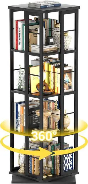 4-Tier Rotating Corner Bookcase, Black 4-Tier Rotating Corner Bookcase, Black