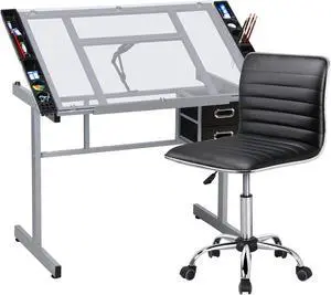 Glass Drafting Table w/Height Adjustable PU Leather Low Back Armless Chair Drawing Draft Table for Home Office Black Glass Drafting Table w/Height Adjustable PU Leather Low Back Armless Chair Drawing Draft Table for Home Office Black