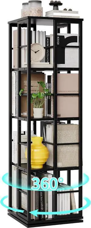 Rotating Bookcase - 4-Tier Corner Shelf for Small Spaces, 54" Tall Spinning Organizer with Industrial Metal Frame 360° Narrow Swivel Bookshelves for Living Room, Bedroom, Study, Black Rotating Bookcase - 4-Tier Corner Shelf for Small Spaces, 54" Tall Spinning Organizer with Industrial Metal Frame 360° Narrow Swivel Bookshelves for Living Room, Bedroom, Study, Black