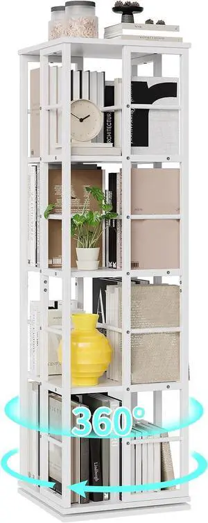 Rotating Bookcase - 4-Tier Corner Shelf for Small Spaces, 54" Tall Spinning Organizer with Industrial Metal Frame 360° Narrow Swivel Bookshelves for Living Room, Bedroom, Study, White Rotating Bookcase - 4-Tier Corner Shelf for Small Spaces, 54" Tall Spinning Organizer with Industrial Metal Frame 360° Narrow Swivel Bookshelves for Living Room, Bedroom, Study, White