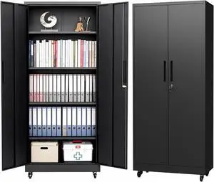 Metal Storage Cabinet with Wheels, 74.5" Garage Storage Cabinet with 4 Adjustable Shelves & Lockable Doors, Heavy Duty Garage Cabinets for Office, Home, Garage, Gym, School Metal Storage Cabinet with Wheels, 74.5" Garage Storage Cabinet with 4 Adjustable Shelves & Lockable Doors, Heavy Duty Garage Cabinets for Office, Home, Garage, Gym, School
