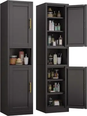 67" Tall Narrow Storage Cabinet Metal Bathroom Cabinet with 4 Adjustable Shelves, Freestanding Pantry Cupboard for Kitchen, Dining Room, Living Room Bathroom and Home Office (Black) 67" Tall Narrow Storage Cabinet Metal Bathroom Cabinet with 4 Adjustable Shelves, Freestanding Pantry Cupboard for Kitchen, Dining Room, Living Room Bathroom and Home Office (Black)