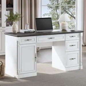 Farmhouse Executive Desk with Storage Drawers and File Cabinet, 60" Vintage Home Office Desk with Power Outlet and Roman Column, Wood Computer Desk with Keyboard Tray for Work and Study, Antique White Farmhouse Executive Desk with Storage Drawers and File Cabinet, 60" Vintage Home Office Desk with Power Outlet and Roman Column, Wood Computer Desk with Keyboard Tray for Work and Study, Antique White