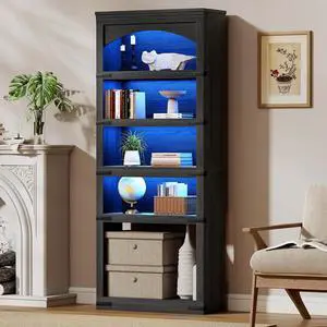 5-Tier Arched Bookcase, 70" Tall Bookcase with LED Lights, Floor Standing Open Display Storage Shelf with Metal Corner, Large Organizer for Living Room, Home Office, Black 5-Tier Arched Bookcase, 70" Tall Bookcase with LED Lights, Floor Standing Open Display Storage Shelf with Metal Corner, Large Organizer for Living Room, Home Office, Black