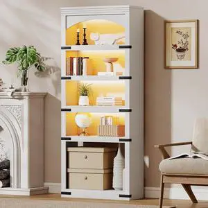 5-Tier Arched Bookcase, 70" Tall Bookcase with LED Lights, Floor Standing Open Display Storage Shelf with Metal Corner, Large Organizer for Living Room, Home Office, White 5-Tier Arched Bookcase, 70" Tall Bookcase with LED Lights, Floor Standing Open Display Storage Shelf with Metal Corner, Large Organizer for Living Room, Home Office, White