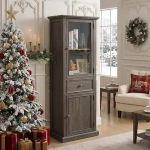 65" Tall Bookcase with Tempered Glass Door, Elegant Freestanding Display Cabinet with Drawer, Modern Wooden Kitchen Pantry Storage Cabinets for Living Room/Office(Brown) 65" Tall Bookcase with Tempered Glass Door, Elegant Freestanding Display Cabinet with Drawer, Modern Wooden Kitchen Pantry Storage Cabinets for Living Room/Office(Brown)
