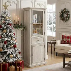 65" Tall Bookcase with Tempered Glass Door, Elegant Freestanding Display Cabinet with Drawer, Modern Wooden Kitchen Pantry Storage Cabinets for Living Room/Office(White) 65" Tall Bookcase with Tempered Glass Door, Elegant Freestanding Display Cabinet with Drawer, Modern Wooden Kitchen Pantry Storage Cabinets for Living Room/Office(White)