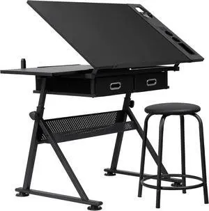 Drafting Table Art Desk, Height Adjustable Drawing Table Tilting Tabletop Work Station with Stool and Storage Drawer for Home, Office, Writing, Black Drafting Table Art Desk, Height Adjustable Drawing Table Tilting Tabletop Work Station with Stool and Storage Drawer for Home, Office, Writing, Black