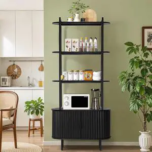 71" Tall Fluted Bookshelf, 4 Tiers Wooden Display Book Shelf Case w/Storage Doors, Mid Century Modern Bookshelf for Bedroom Living Room, Freestanding Shelving Unit, Plant Stand Indoor (Black) 71" Tall Fluted Bookshelf, 4 Tiers Wooden Display Book Shelf Case w/Storage Doors, Mid Century Modern Bookshelf for Bedroom Living Room, Freestanding Shelving Unit, Plant Stand Indoor (Black)