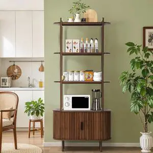 71" Tall Fluted Bookshelf, 4 Tiers Wooden Display Book Shelf Case w/Storage Doors, Mid Century Modern Bookshelf for Bedroom Living Room, Freestanding Shelving Unit, Plant Stand Indoor (Brown) 71" Tall Fluted Bookshelf, 4 Tiers Wooden Display Book Shelf Case w/Storage Doors, Mid Century Modern Bookshelf for Bedroom Living Room, Freestanding Shelving Unit, Plant Stand Indoor (Brown)