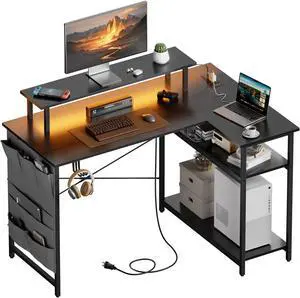L Shaped Computer Desk with Power Outlet, Gaming Corner Desk with LED Lights, 44 Inch Home Office Table with Storage Shelves & Monitor Stand for Bedroom, Black L Shaped Computer Desk with Power Outlet, Gaming Corner Desk with LED Lights, 44 Inch Home Office Table with Storage Shelves & Monitor Stand for Bedroom, Black
