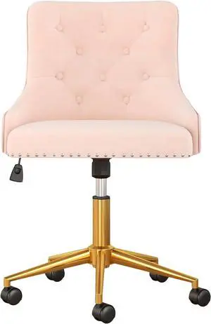 Modern Swivel Chair, Upholstered Velvet Comfy Desk Chair with Nailhead Trim, Adjustabale Armless Vanity Chair with Gold Base Button Tufted Winging Back, for Home Office Make-up, Light Pink Modern Swivel Chair, Upholstered Velvet Comfy Desk Chair with Nailhead Trim, Adjustabale Armless Vanity Chair with Gold Base Button Tufted Winging Back, for Home Office Make-up, Light Pink