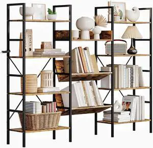 Large 4-Tier Bookshelf, Triple Wide Metal Frame Bookcase with Adjustable Shelves, Industrial Style Open Display Storage Unit for Living Room, Home Office, Bedroom - Brown Large 4-Tier Bookshelf, Triple Wide Metal Frame Bookcase with Adjustable Shelves, Industrial Style Open Display Storage Unit for Living Room, Home Office, Bedroom - Brown