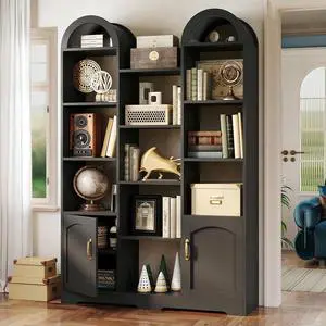 Arched Bookshelf with Doors, 70.9" Tall Storage Cabinet for Living Room, Large Wide Triple Column 5 Tier Wooden Bookcases and Bookshelves, Open Display Shelves, for Study, Home Office, Black Arched Bookshelf with Doors, 70.9" Tall Storage Cabinet for Living Room, Large Wide Triple Column 5 Tier Wooden Bookcases and Bookshelves, Open Display Shelves, for Study, Home Office, Black