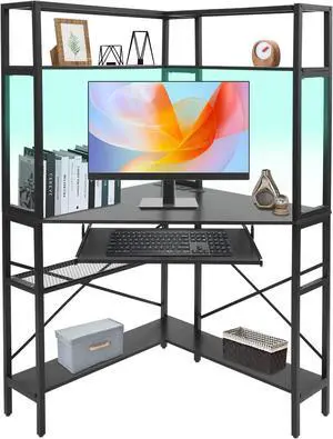 Corner Computer Desk with Power Outlets - 29.5x29.5x60in Gaming Desk with LED Light Strip & Storage Shelves for Home Office and Small Space Corner Computer Desk with Power Outlets - 29.5x29.5x60in Gaming Desk with LED Light Strip & Storage Shelves for Home Office and Small Space