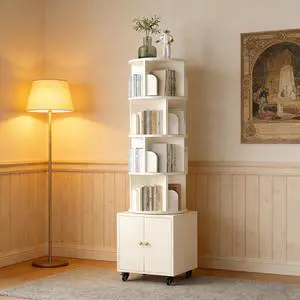 4-Tier Rotating Bookshelf with Storage & 360° Lockable Wheels, Display Spinning Bookshelves Floor Standing Narrow Shelving Storage Organizer Tower for Bedroom Living Room Study Room 4-Tier Rotating Bookshelf with Storage & 360° Lockable Wheels, Display Spinning Bookshelves Floor Standing Narrow Shelving Storage Organizer Tower for Bedroom Living Room Study Room