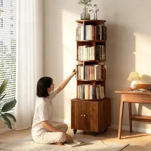 4-Tier Rotating Bookshelf with Storage & 360° Lockable Wheels, Display Spinning Bookshelves Floor Standing Narrow Shelving Storage Organizer Tower for Bedroom Living Room Study Room 4-Tier Rotating Bookshelf with Storage & 360° Lockable Wheels, Display Spinning Bookshelves Floor Standing Narrow Shelving Storage Organizer Tower for Bedroom Living Room Study Room