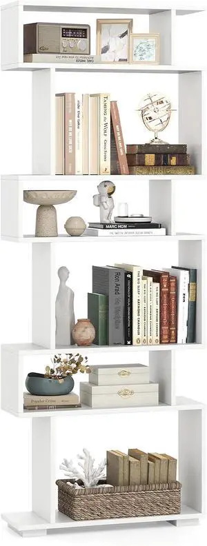 6-Tier Storage Bookshelf, Tall Display Shelf with Anti-toppling Kits, Decorative Room Divider, S-Shaped Geometric Bookcase for Study, Living Room, Office (1,White) 6-Tier Storage Bookshelf, Tall Display Shelf with Anti-toppling Kits, Decorative Room Divider, S-Shaped Geometric Bookcase for Study, Living Room, Office (1,White)