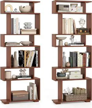 6-Tier Storage Bookshelf Set of 2, Tall Display Shelf with Anti-toppling Kits, Decorative Room Divider, S-Shaped Geometric Bookcase for Study, Living Room, Office (2,Walnut) 6-Tier Storage Bookshelf Set of 2, Tall Display Shelf with Anti-toppling Kits, Decorative Room Divider, S-Shaped Geometric Bookcase for Study, Living Room, Office (2,Walnut)