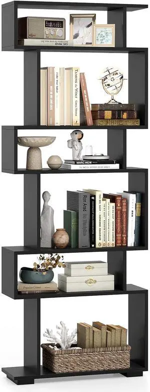 6-Tier Storage Bookshelf, Tall Display Shelf with Anti-toppling Kits, Decorative Room Divider, S-Shaped Geometric Bookcase for Study, Living Room, Office (1,Black) 6-Tier Storage Bookshelf, Tall Display Shelf with Anti-toppling Kits, Decorative Room Divider, S-Shaped Geometric Bookcase for Study, Living Room, Office (1,Black)