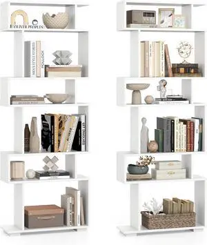 6-Tier Storage Bookshelf Set of 2, Tall Display Shelf with Anti-toppling Kits, Decorative Room Divider, S-Shaped Geometric Bookcase for Study, Living Room, Office (2,White) 6-Tier Storage Bookshelf Set of 2, Tall Display Shelf with Anti-toppling Kits, Decorative Room Divider, S-Shaped Geometric Bookcase for Study, Living Room, Office (2,White)