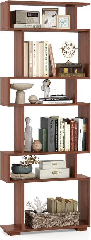 6-Tier Storage Bookshelf, Tall Display Shelf with Anti-toppling Kits, Decorative Room Divider, S-Shaped Geometric Bookcase for Study, Living Room, Office (1,Walnut) 6-Tier Storage Bookshelf, Tall Display Shelf with Anti-toppling Kits, Decorative Room Divider, S-Shaped Geometric Bookcase for Study, Living Room, Office (1,Walnut)