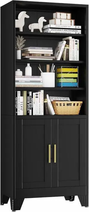 Metal Bookcase with Doors, 71" Tall 6 Tier Bookshelf with Storage, Floor Industrial Bookshelves, Display Storage Shelves for Home Office, Living Room, Bedroom, Black Metal Bookcase with Doors, 71" Tall 6 Tier Bookshelf with Storage, Floor Industrial Bookshelves, Display Storage Shelves for Home Office, Living Room, Bedroom, Black