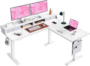 L Shaped Electric Standing Desk, 63" Ergonomic Corner Height Adjustable Desk with Drawers, Sit Stand Computer Table with Storage for Work Office Home, White L Shaped Electric Standing Desk, 63" Ergonomic Corner Height Adjustable Desk with Drawers, Sit Stand Computer Table with Storage for Work Office Home, White