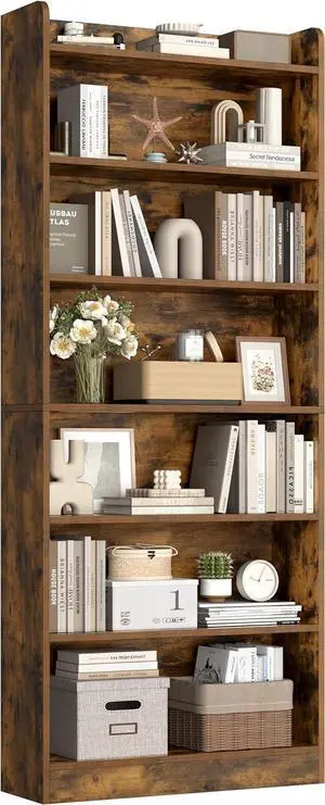 7-Tier Open Bookcase and Bookshelf, Modern Simple Floor Standing Display Storage Shelves with Top Open Compartment for Home Office, Study, Living Room - Rustic Brown 7-Tier Open Bookcase and Bookshelf, Modern Simple Floor Standing Display Storage Shelves with Top Open Compartment for Home Office, Study, Living Room - Rustic Brown