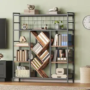 Triple 5-Tier Bookshelf, Industrial Large Bookcase with 14 Open Display Shelves, Modern Tree Bookcase with Metal Frame and Hanging Function for Living Room, Home Office, Rustic Brown and Black Triple 5-Tier Bookshelf, Industrial Large Bookcase with 14 Open Display Shelves, Modern Tree Bookcase with Metal Frame and Hanging Function for Living Room, Home Office, Rustic Brown and Black