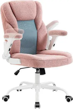 Pink Home Desk Office Chair with Arms and Wheels, Comfortable Executive Computer Chair, Breathable Mesh and Teddy Fleece Fabric Swivel Task Chairs for Women&Girls Pink Home Desk Office Chair with Arms and Wheels, Comfortable Executive Computer Chair, Breathable Mesh and Teddy Fleece Fabric Swivel Task Chairs for Women&Girls