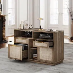 4 Drawer File Cabinet, Fluted Wood Lateral Filing Cabinet with Lock and Charging Station for Home Office, Printer Stand with Open Storage Shelves, Fits A4, Letter Size, Natural Oak 4 Drawer File Cabinet, Fluted Wood Lateral Filing Cabinet with Lock and Charging Station for Home Office, Printer Stand with Open Storage Shelves, Fits A4, Letter Size, Natural Oak