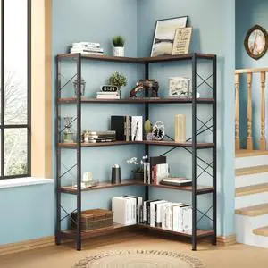 5-Shelf Corner Bookshelf, Vintage Industrial L-Shaped Bookshelf Etagere Bookcase, Large Book Shelf with Metal Frame Open Storage Corner Cabinet (Retro Brown-5 Shelf) 5-Shelf Corner Bookshelf, Vintage Industrial L-Shaped Bookshelf Etagere Bookcase, Large Book Shelf with Metal Frame Open Storage Corner Cabinet (Retro Brown-5 Shelf)