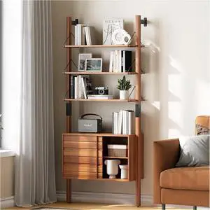 Ladder Bookshelf with Storage Cabinet, Mid Century Modern Wall Mounted Bookcase with Wood and Metal Frame, 6 Tier Open Display Shelves for Living Room, Bedroom, Home Office, Cherry Ladder Bookshelf with Storage Cabinet, Mid Century Modern Wall Mounted Bookcase with Wood and Metal Frame, 6 Tier Open Display Shelves for Living Room, Bedroom, Home Office, Cherry