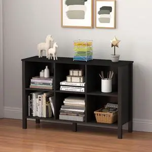 6-Cube Bookcase, Farmhouse Wooden Bookshelf Low Storage Organizer, 45" Horizontal Black Console with Legs, Hallway Book Case for Entryway, Display Cabinet for Living Room (Black, 6-Cube) 6-Cube Bookcase, Farmhouse Wooden Bookshelf Low Storage Organizer, 45" Horizontal Black Console with Legs, Hallway Book Case for Entryway, Display Cabinet for Living Room (Black, 6-Cube)