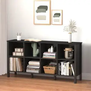 8-Cube Bookcase, Farmhouse Wooden Bookshelf Low Storage Organizer, 59" Horizontal Black Console with Legs, Hallway Book Case for Entryway, Display Cabinet for Living Room (Black, 8-Cube) 8-Cube Bookcase, Farmhouse Wooden Bookshelf Low Storage Organizer, 59" Horizontal Black Console with Legs, Hallway Book Case for Entryway, Display Cabinet for Living Room (Black, 8-Cube)