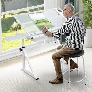 White Drafting Table Desk w/Stool, Painting Table Art Craft Desk Crafting Table with Tilting Tempered Glass Top, 2 Storage Drawers, Height Adjustable White Drafting Table Desk w/Stool, Painting Table Art Craft Desk Crafting Table with Tilting Tempered Glass Top, 2 Storage Drawers, Height Adjustable