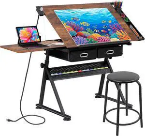 Drafting Table Art Desk w/Power Outlet and Stool, Adjustable Tilting Drawing Table Artist Desk with 2 Storage Drawers, Art Craft Work Station for Home Office Working, Writing, Crafting Drafting Table Art Desk w/Power Outlet and Stool, Adjustable Tilting Drawing Table Artist Desk with 2 Storage Drawers, Art Craft Work Station for Home Office Working, Writing, Crafting