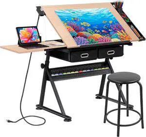 Drafting Table Art Desk w/Power Outlet and Stool, Adjustable Tilting Drawing Table Artist Desk with 2 Storage Drawers, Art Craft Work Station for Home Office Working, Writing, Crafting Drafting Table Art Desk w/Power Outlet and Stool, Adjustable Tilting Drawing Table Artist Desk with 2 Storage Drawers, Art Craft Work Station for Home Office Working, Writing, Crafting
