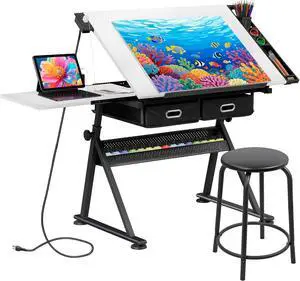 Drafting Table Art Desk w/Power Outlet and Stool, Adjustable Tilting Drawing Table Artist Desk with 2 Storage Drawers, Art Craft Work Station for Home Office Working, Writing, Crafting Drafting Table Art Desk w/Power Outlet and Stool, Adjustable Tilting Drawing Table Artist Desk with 2 Storage Drawers, Art Craft Work Station for Home Office Working, Writing, Crafting