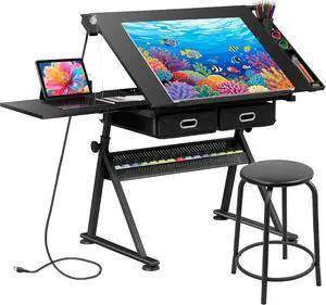 Drafting Table Art Desk w/Power Outlet and Stool, Adjustable Tilting Drawing Table Artist Desk with 2 Storage Drawers, Art Craft Work Station for Home Office Working, Writing, Crafting Drafting Table Art Desk w/Power Outlet and Stool, Adjustable Tilting Drawing Table Artist Desk with 2 Storage Drawers, Art Craft Work Station for Home Office Working, Writing, Crafting