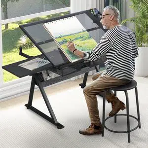 Black Drafting Table Desk w/Stool, Painting Table Art Craft Desk Crafting Table with Tilting Tempered Glass Top, 2 Storage Drawers, Height Adjustable Black Drafting Table Desk w/Stool, Painting Table Art Craft Desk Crafting Table with Tilting Tempered Glass Top, 2 Storage Drawers, Height Adjustable