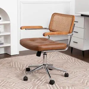 Rattan Office Chairs, Modern Desk Chair with Natural Rattan Back & Wood Armrest, Small Upholstered Tufted Leather Home Office Desk Chairs for Home Ofice, Bedroom, Study (Brown, Genuine leather) Rattan Office Chairs, Modern Desk Chair with Natural Rattan Back & Wood Armrest, Small Upholstered Tufted Leather Home Office Desk Chairs for Home Ofice, Bedroom, Study (Brown, Genuine leather)